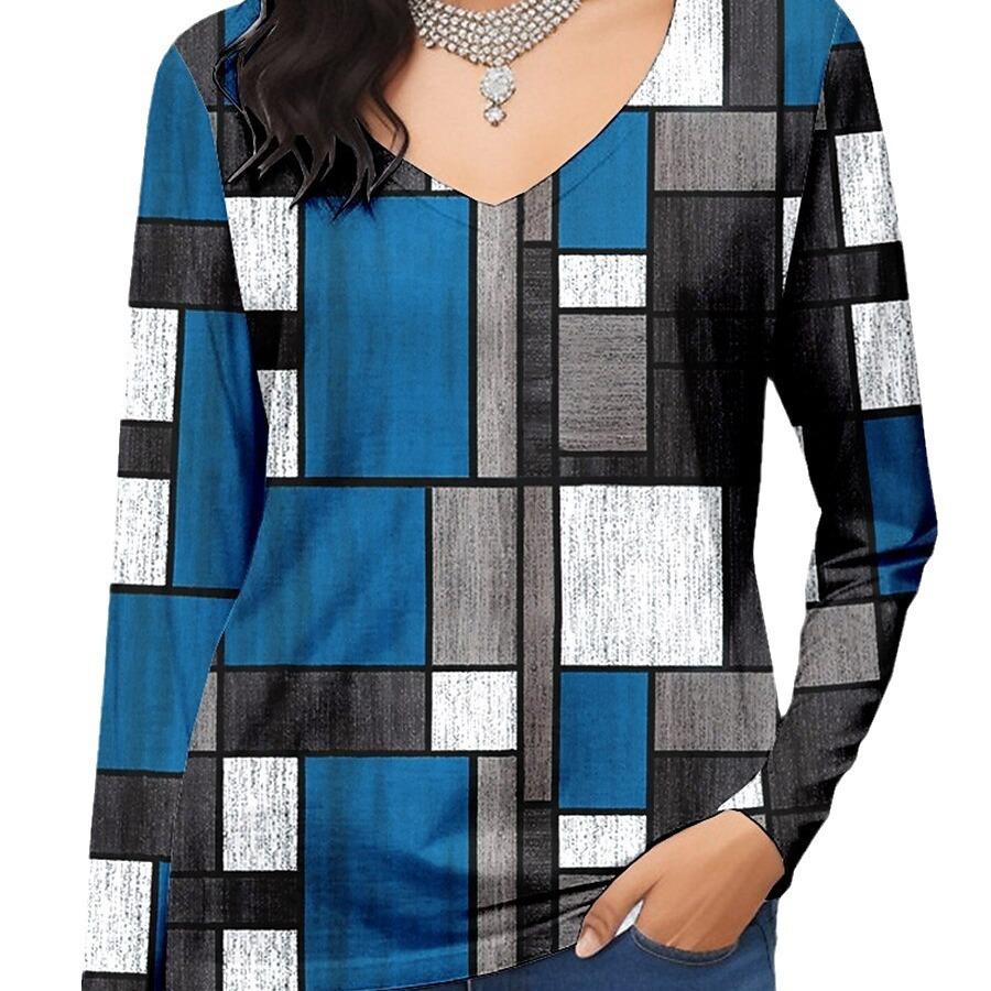 

Женская футболка в клетку с 3D-принтом, с длинными рукавами, повседневные топы, модные футболки с V-образным вырезом для весны и осени 5XL