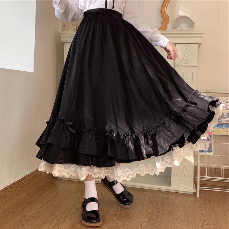Korejský styl Černobílá Polosukně Dámská Dlouhé sukně Japonská Jednobarevná Dvouvrstvá Vintage Francouzská Volánová A-liniová Sukně