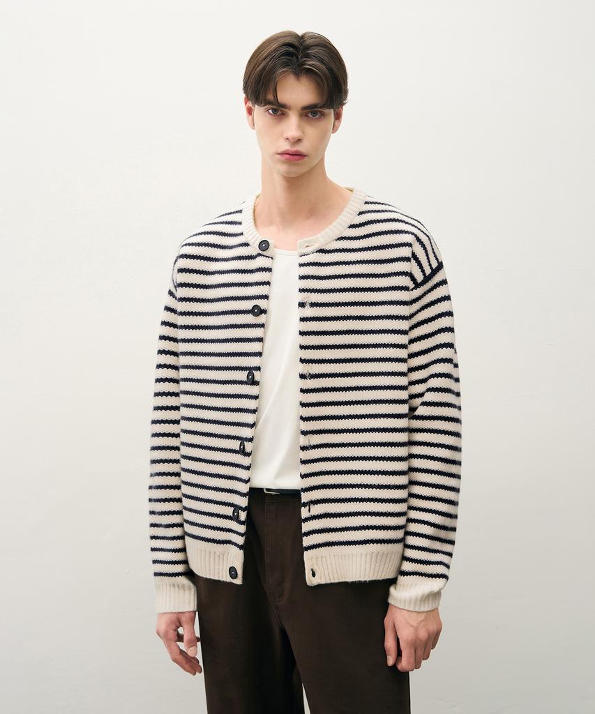 Draw Fit Striped Hairy Crop Round Cardigan [Ivory]