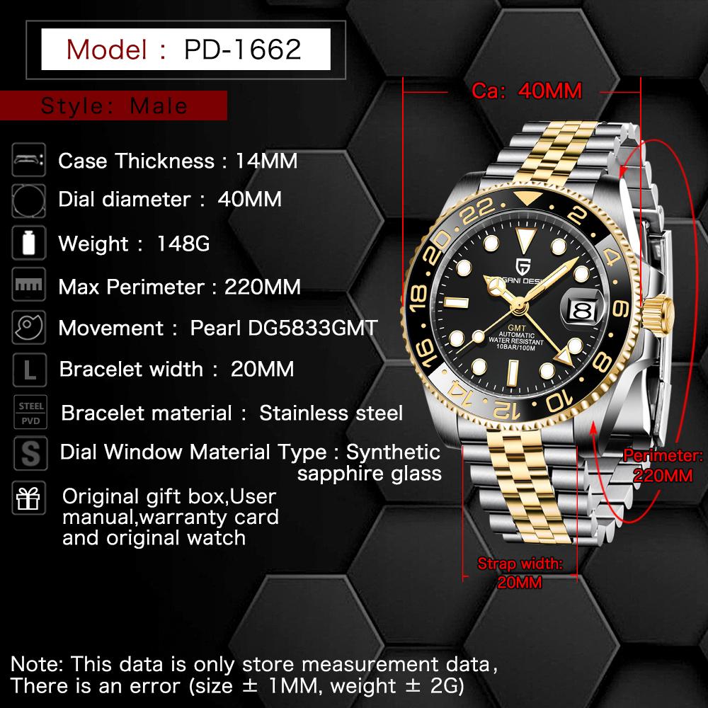 PAGANI DESIGN Nuevo PD-1662 V6 Relojes Mecánicos para Hombre Lujo Bisel de Cerámica Reloj Automático 10Bar Impermeable Reloj GMT para Hombre