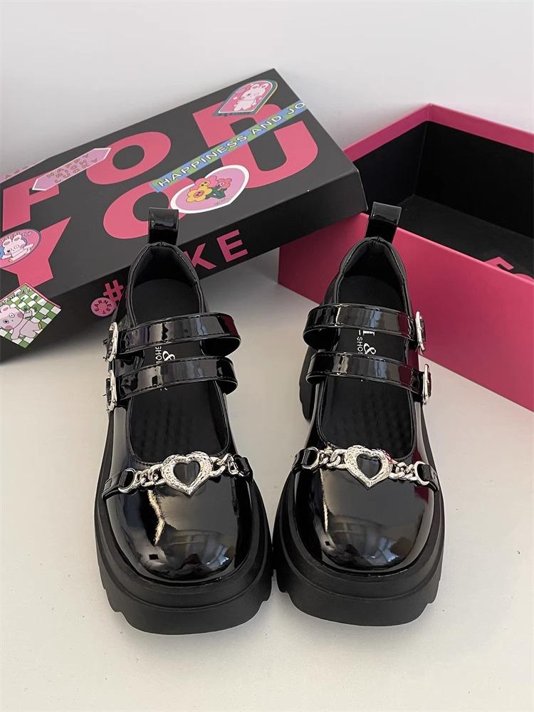 Spring 2025 Dark Style Mary Jane Shoes: Sweet Heart Design, Thick Soles, Height-Increasing, Leather.