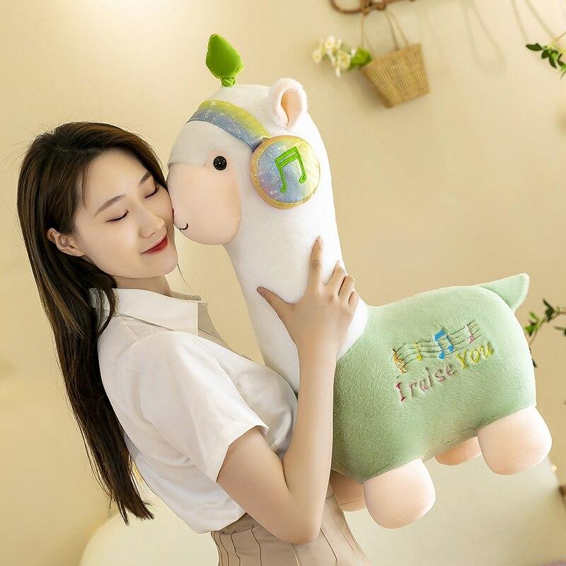 Adorable Alpaca with Headphones Peluche Toys Kawaii Standing Alpacasso Plushie Pillow Dolls for Children Girls Gift Toy
