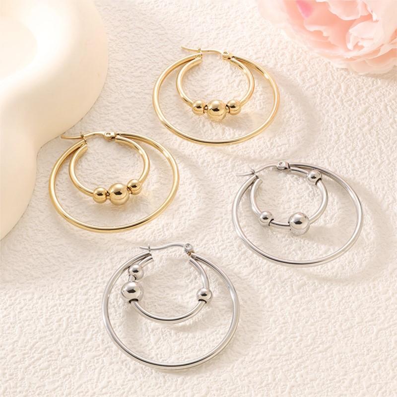 Edelstahl Übertriebener Runder Perlen Creolen Ohrring für Damen Herren Glattes Design Vintage Doppelringe Ohrring Persönlichkeits Schmuck