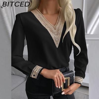 Blouse pour femmes d'automne, couleur unie, dentelle, manches longues, col en V, pour dames
