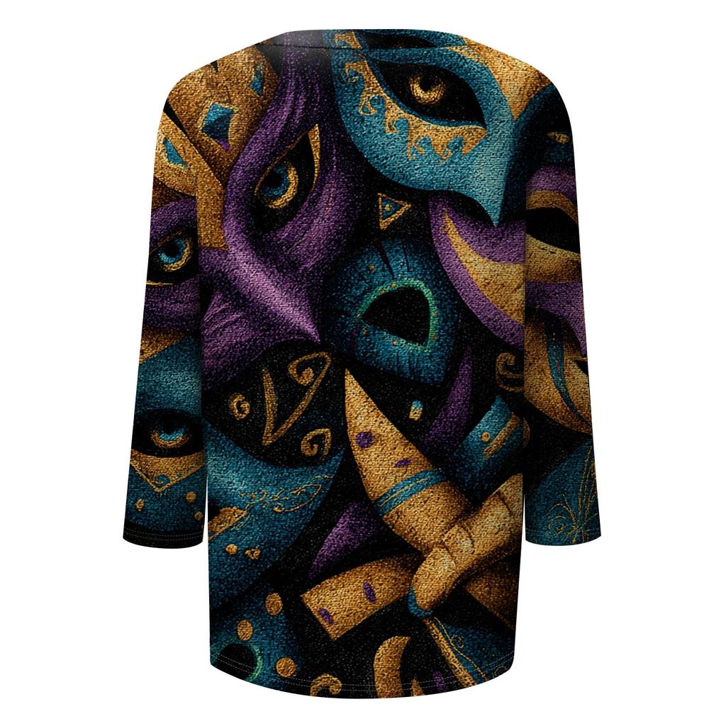 Dámský módní ležérní top s tříčtvrtečním rukávem a karnevalovým potiskem u krku