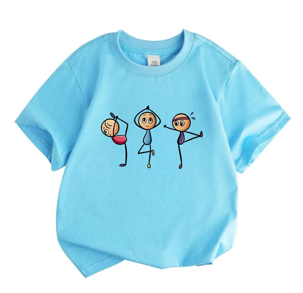 Kids Boys Girls 100% Cotton Crew Neck Short Sleeve T-Shirt, Cute Stick Figure Gym Workout Yoga Cartoon Print Casual Soft Breathable Summer Tee for Spo