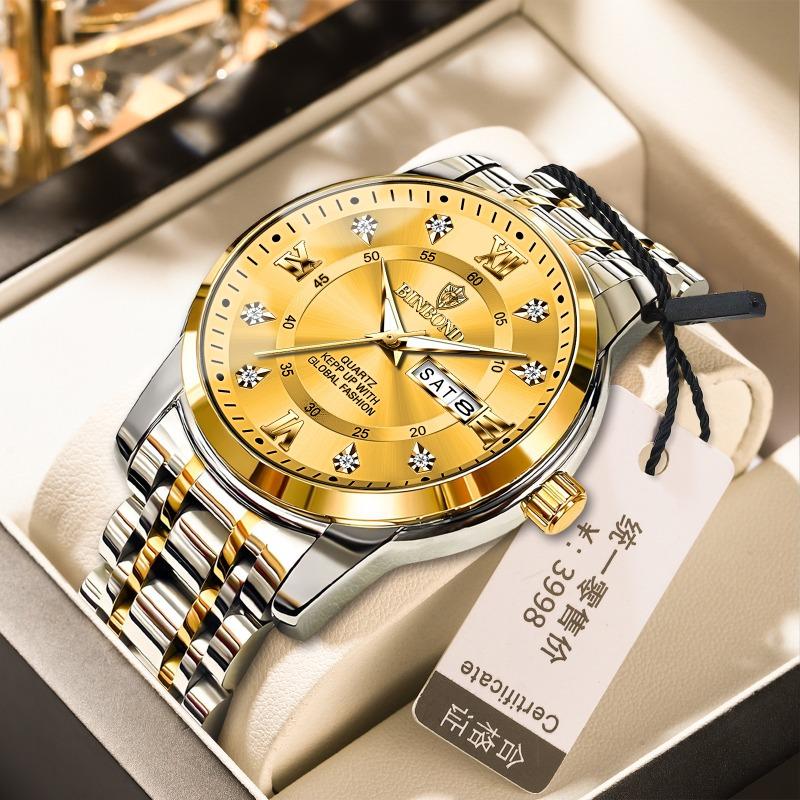 Binbang Quartz Movement Waterproof Luminous Business Fashion Double Calendar Diamond Steel Belt Butterfly Buckle Men's Watch