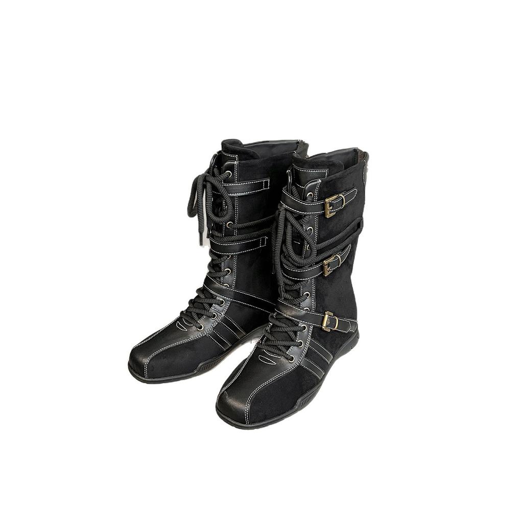 Retro round head splicing lace-up thick-soled Martin boots women's 2025 new niche belt buckle versatile German training boxing boots