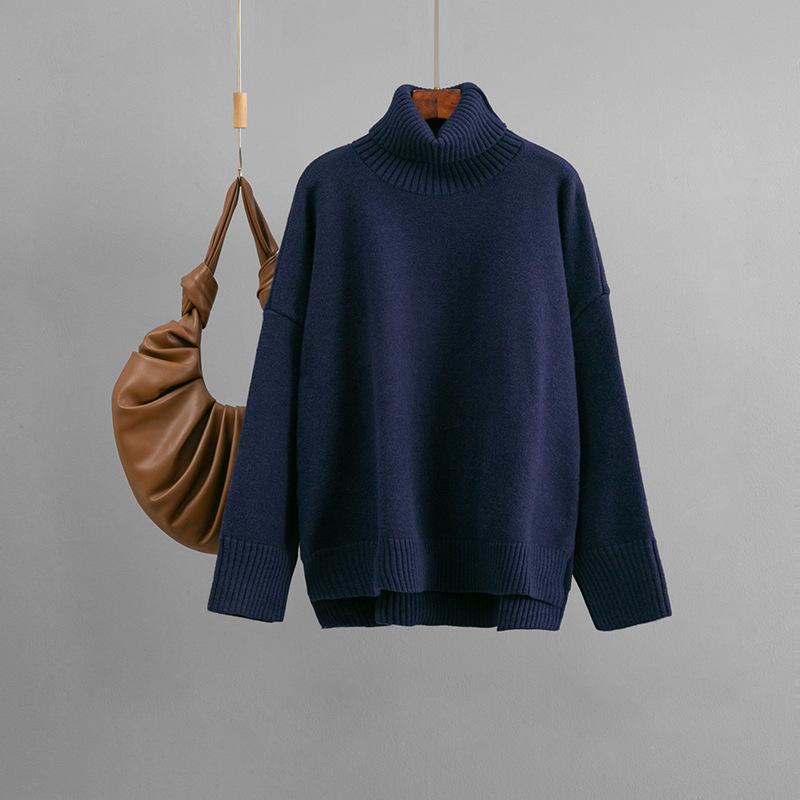Dame Casual Løs Og Allsidig Høst Og Vinter Pullover Høy hals Ensfarget Genser Topp For Damer