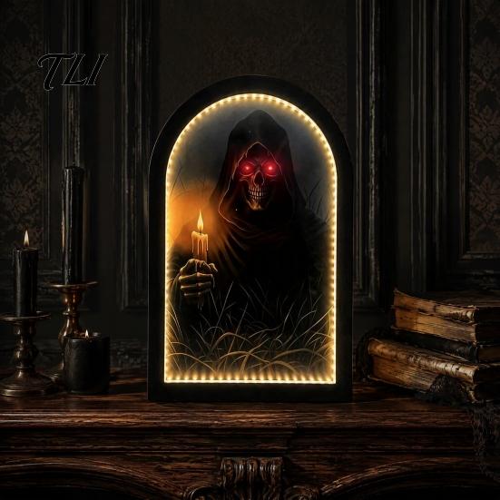 Lighted Wall Decor Light Up Ghost Mirror, Arched Wooden Frame Ghost/Grim Reaper Halloween Creepy Desktop Mirror Soft Ambient Decorative for