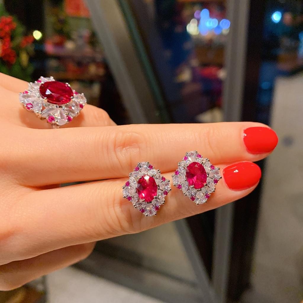 New European and American style retro imitation Hongbao fashion women's pendant necklace stud earrings ring set main stone 12 * 10 6 * 8