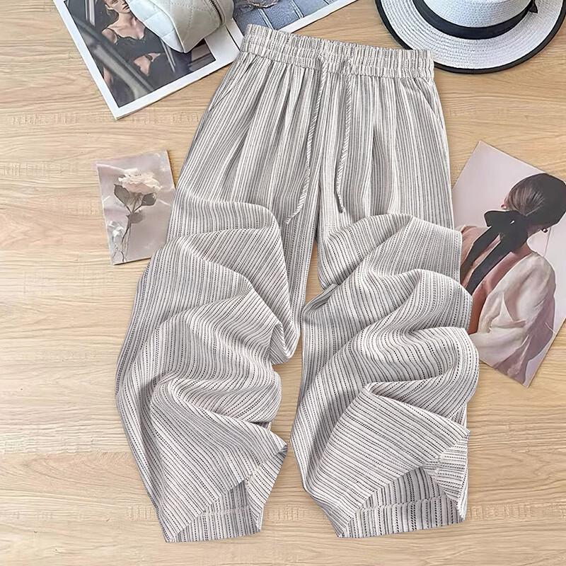 Women's Linen Blend Striped Drawstring Wide Leg Pants