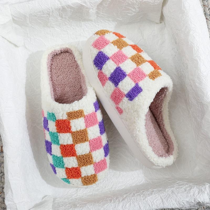 Fashion Rainbow Plaid Couple Cotton Slippers Lightweight Soft Sole Winter Home Slippers Women Indoor Bedroom Flat Non Slip Plush Slides