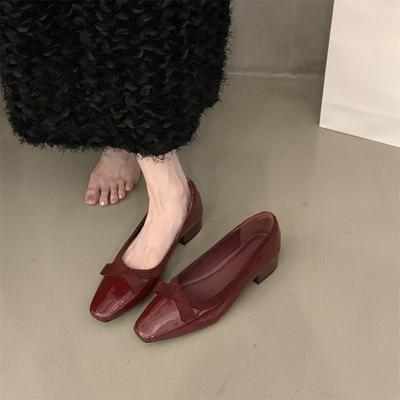 Coarse Heel French Single Shoes Women's Shoes Spring and Autumn 2024 New Red Wedding Shoes Patent Leather Bow One Pedal Ladyshoes