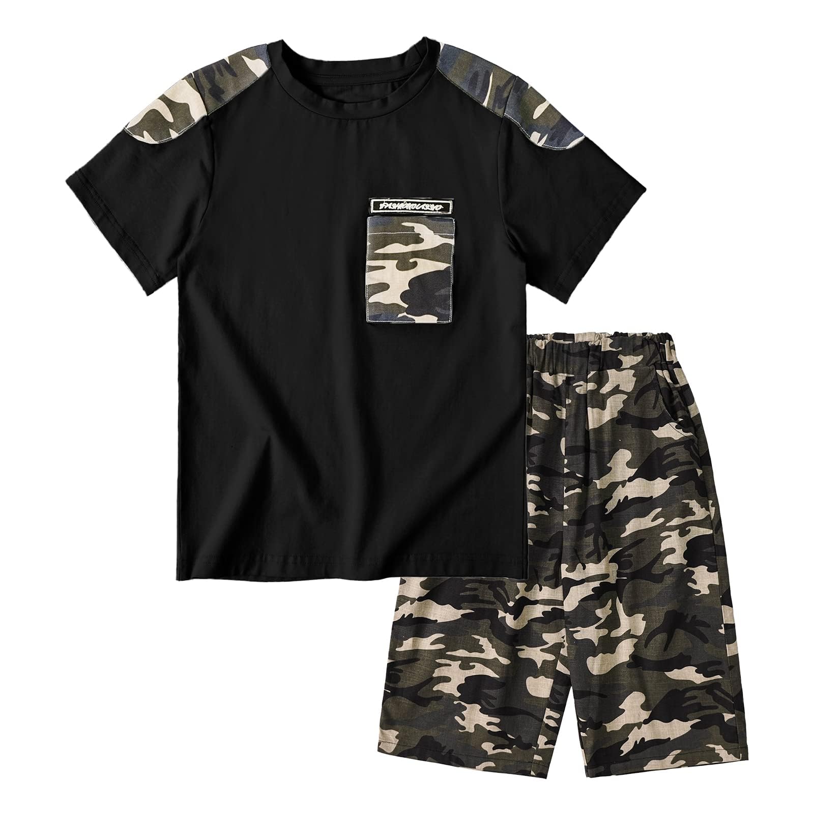 

LOLANTA Boys Summer Outfit Set, Short Sleeve T-Shirt and Cargo Pants, Camouflage Casual Outfit, Stylish for School and Kindergarten, Black, Size 160