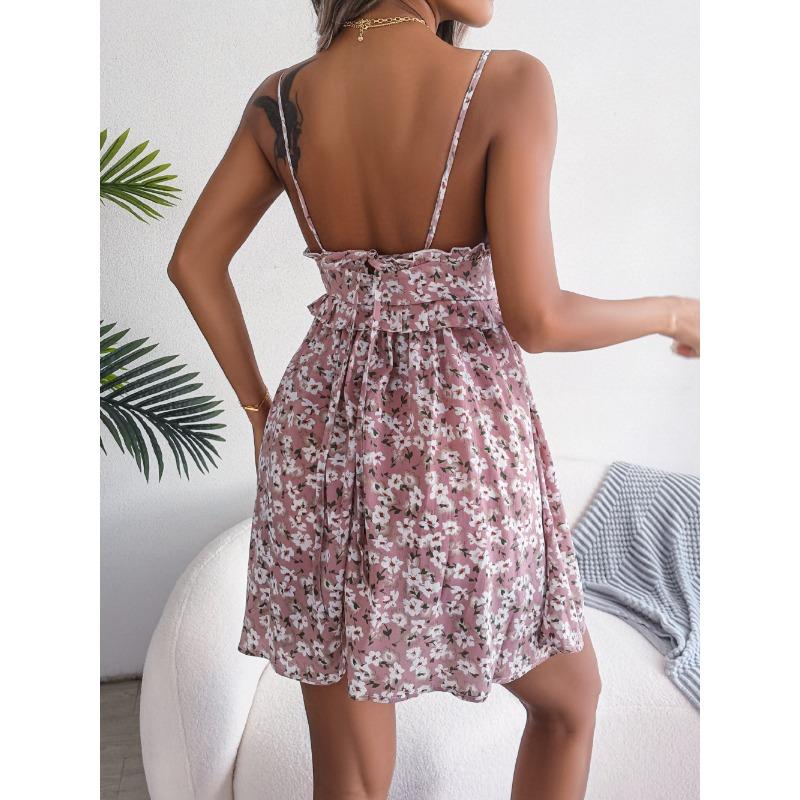 Summer Floral Printed V-neck Short Suspender Dress Vacation Sleeveless Loose Casual Simple A-line Party Dress Female Loose Sweet Women's Clothing