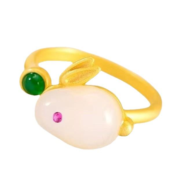 Adjustable Women's Cute Zodiac Rabbit Ring with White Chalcedony and Sand Gold Finish