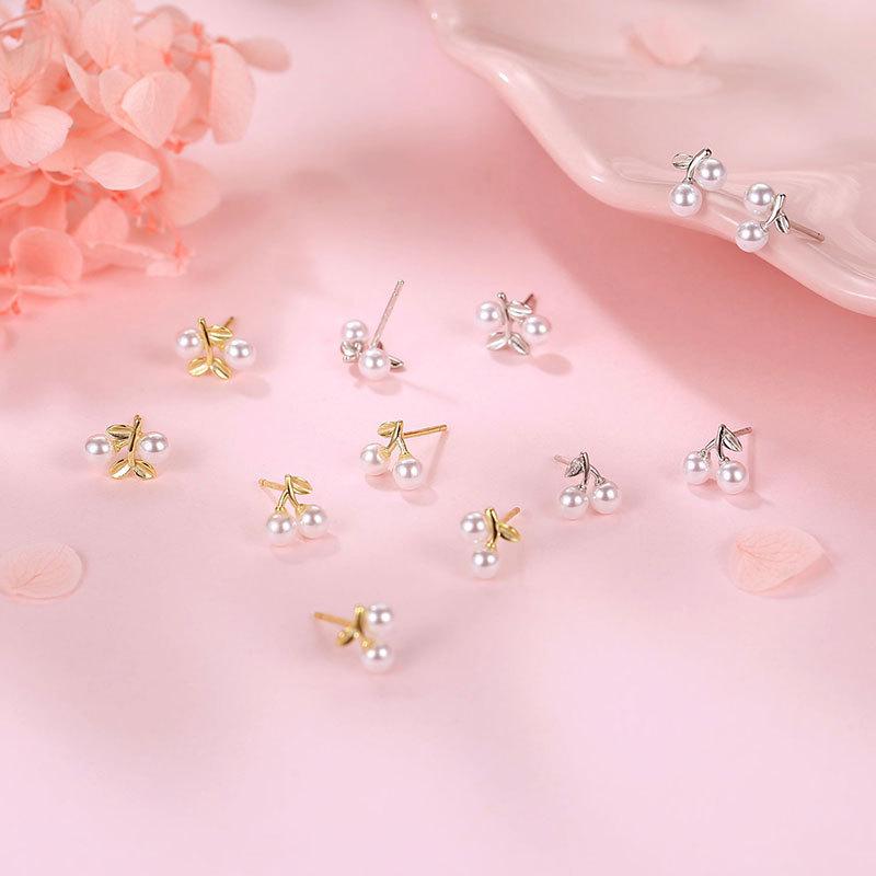 Mini Pearl Cherry Earrings Sprouted Cute Earrings Temperament Gifts for Girlfriend