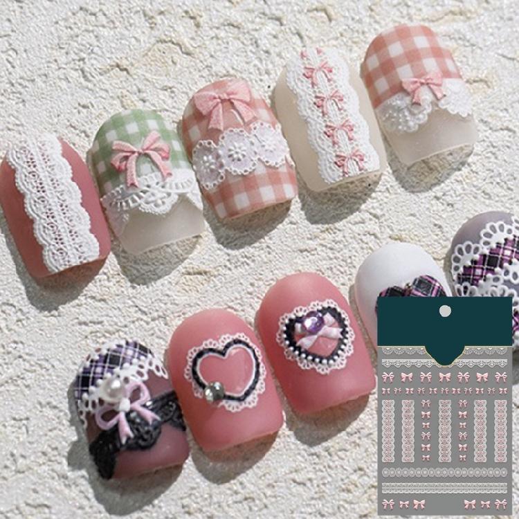 Lace Bowknot Nail Art Stickers 5D Embossed Nail Stickers Bowknot White Lace Self Adhesive Nail Art Supplies Decals