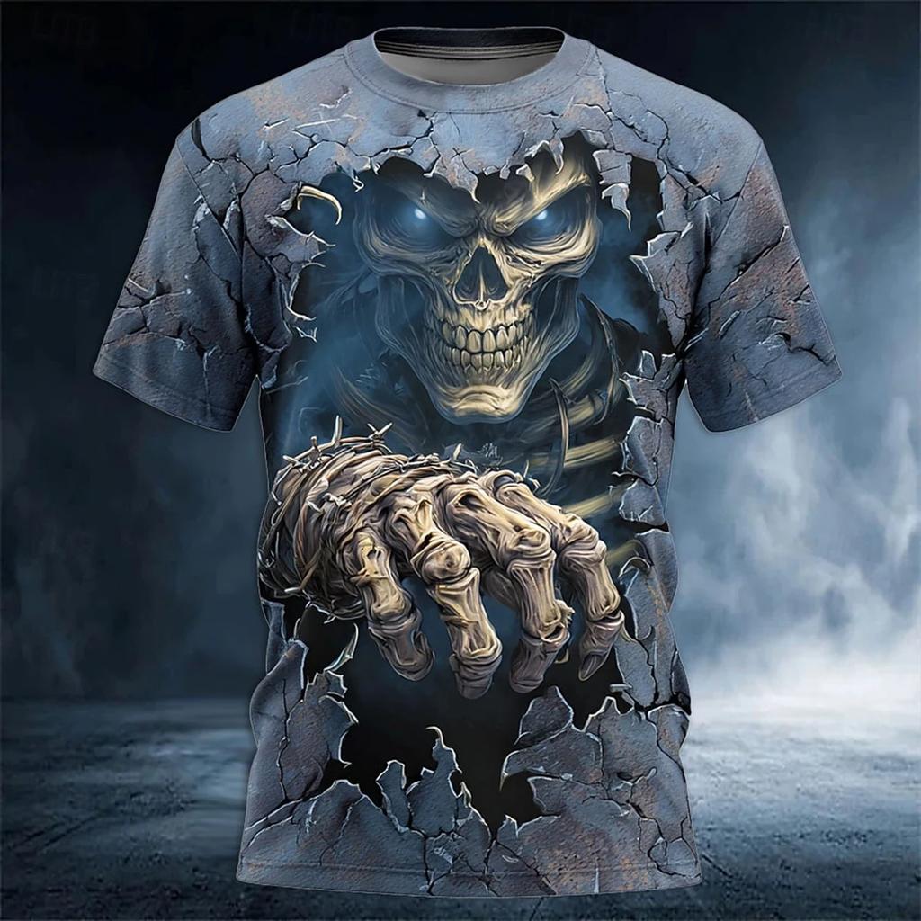 Summer Men's Terror Skull 3D Printed T-shirt Trendy Harajuku Alternative Personality Round Neck Top Loose Fashion Casual Short Sleeve Street Wear