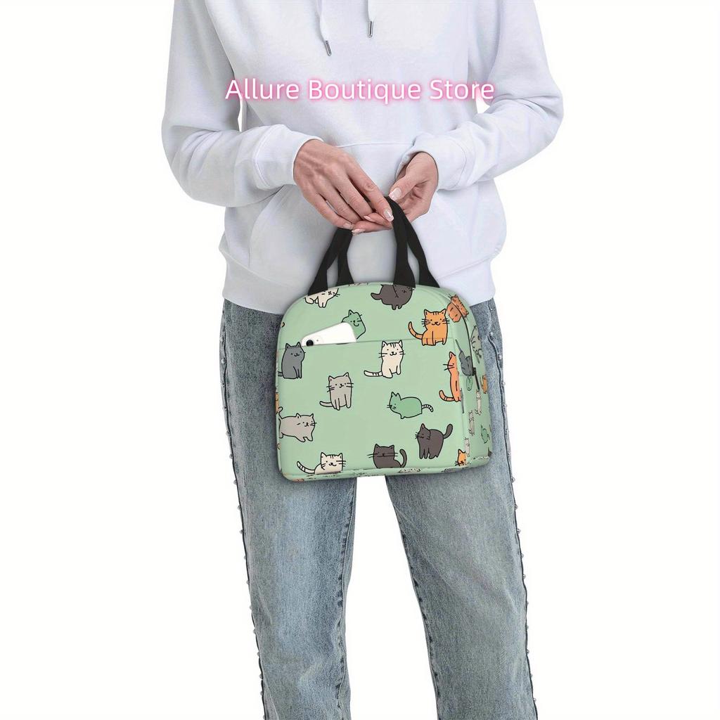 1pc, Cute Cat Pattern Background Printed Thermal Bag Insulated Lunch Tote for Food Storage - Unisex Portable Reusables