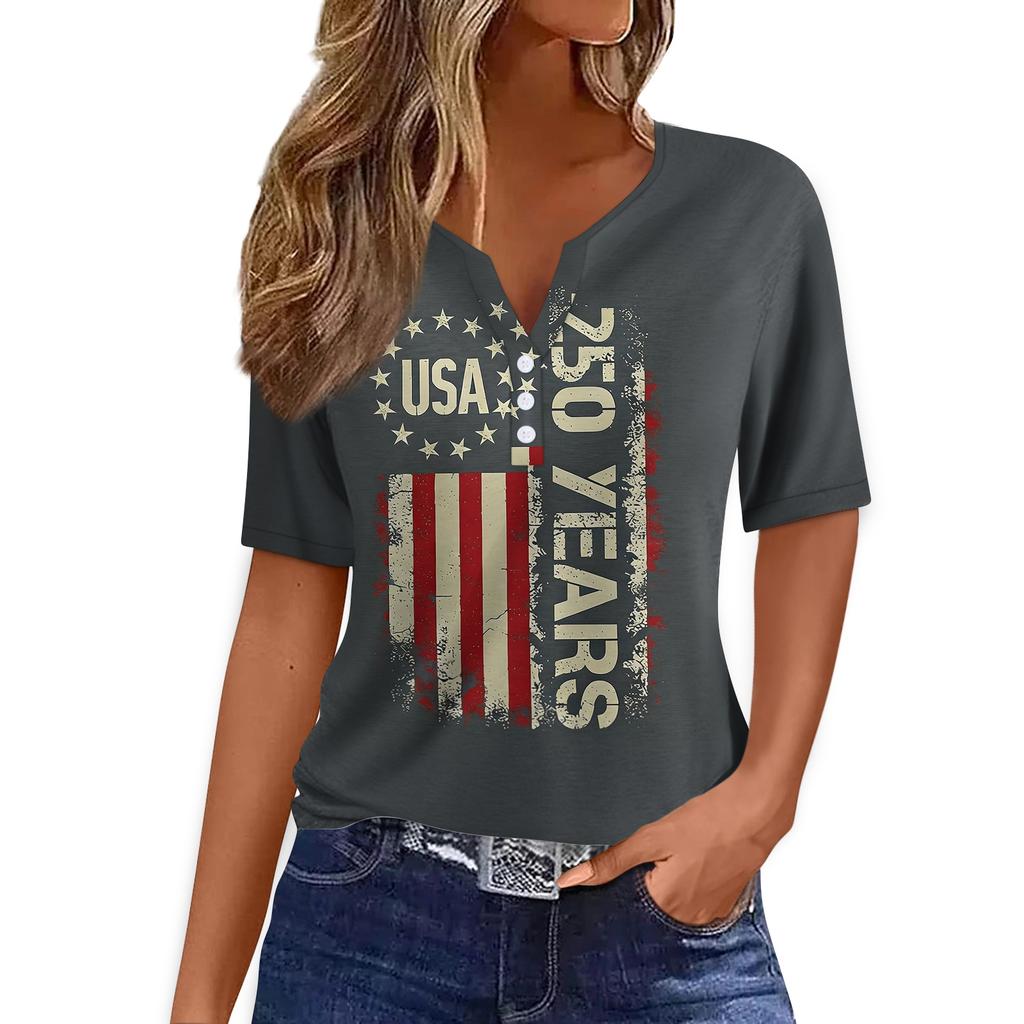 Women V Neck Short Sleeve T Shirt Casual Loose Fit Button Decoration Printed Top for Summer Daily Wear