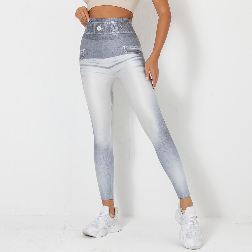 Digital bedruckte Denim-Hose in Blau, enge Höhe, schnelltrocknende Yoga-Hose, Sport-Laufhose, Fitness-Hose für Damen