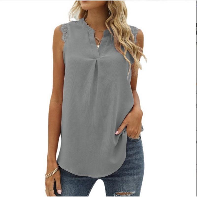 Spring Summer Solid Color Shirt Loose Fit V Neck Sleeveless Lace Trim Top Elegant Casual Blouse Everyday Wear Stylish And Comfortable Women Apparel