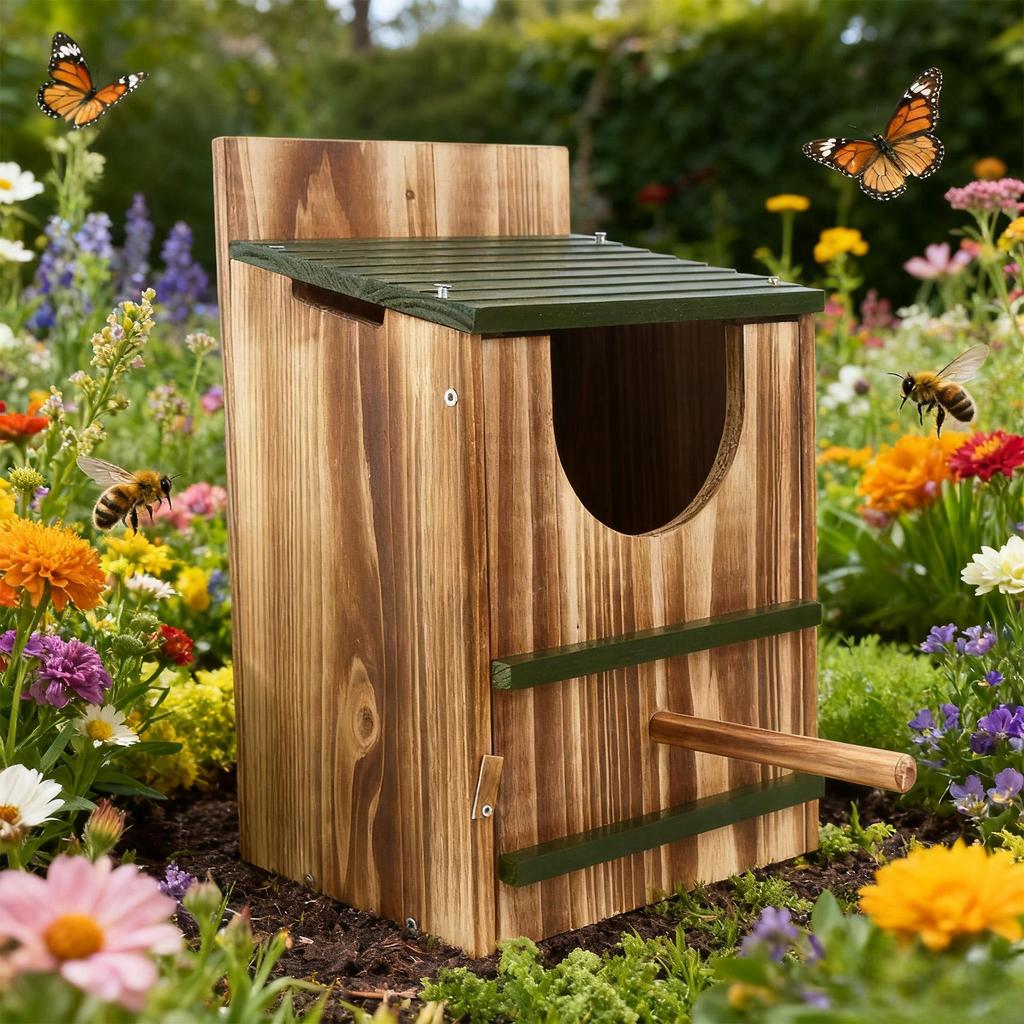 Eulenbox Holz Vogelhaus Wasserdicht Karbonisiertes Unterschlupf für Garten Außenfenster Eichhörnchen Taube Kolibri Nistkasten Heimdekoration