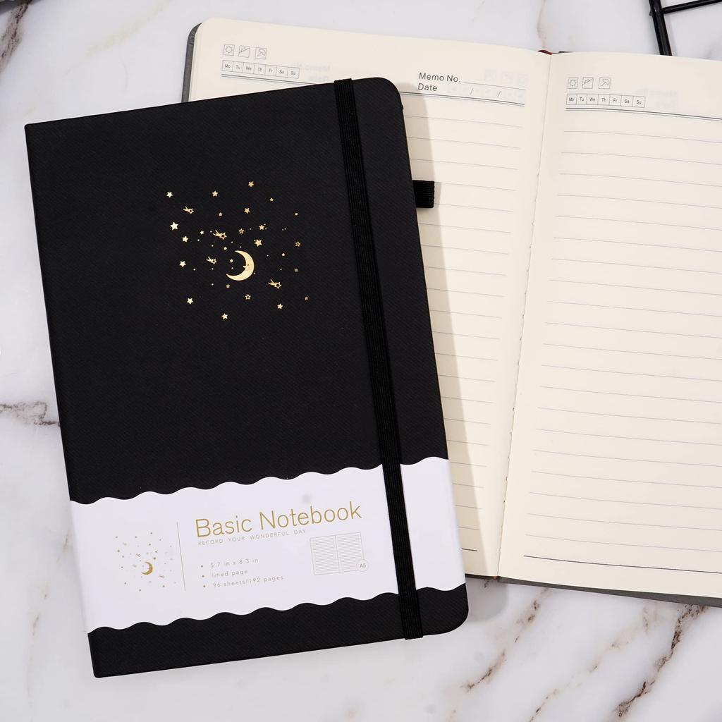 CAGIE Stylish A5 Hardcover Notebook, Cute 8mm Ruled Classic Notebook, Journal, Business Notebook, 14.5cm X 21cm, with Pen Holder, Black