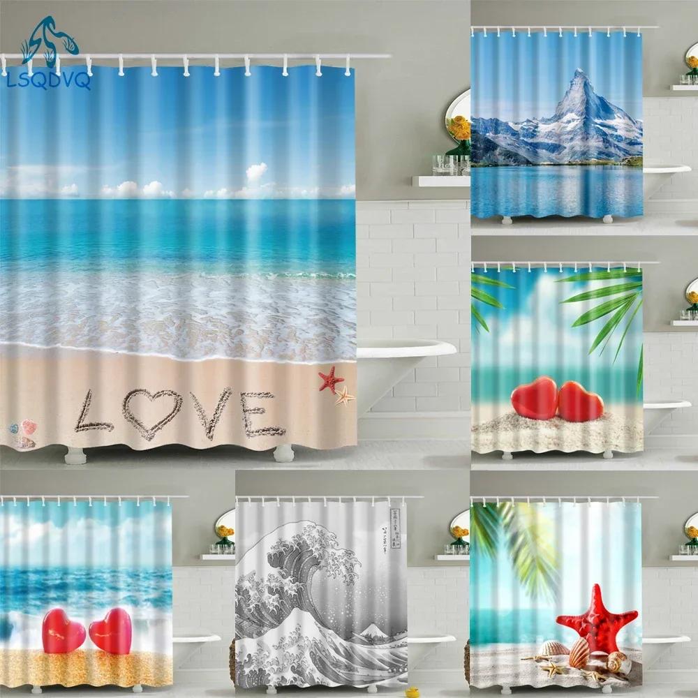 3D Scenic Landscape Seaside Beach Trees Flowers Shell Bath Curtain Shower Curtains for Bathroom Waterproof Polyester Frabic Hook