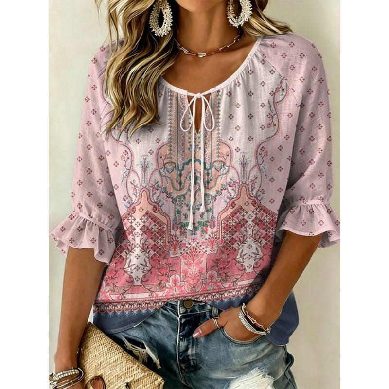 Women's Light Grey Purple Iris Palm Leaf Floral Print Tie V Neck Ruffle 3/4 Sleeve Elegant Soft Spring Blouse