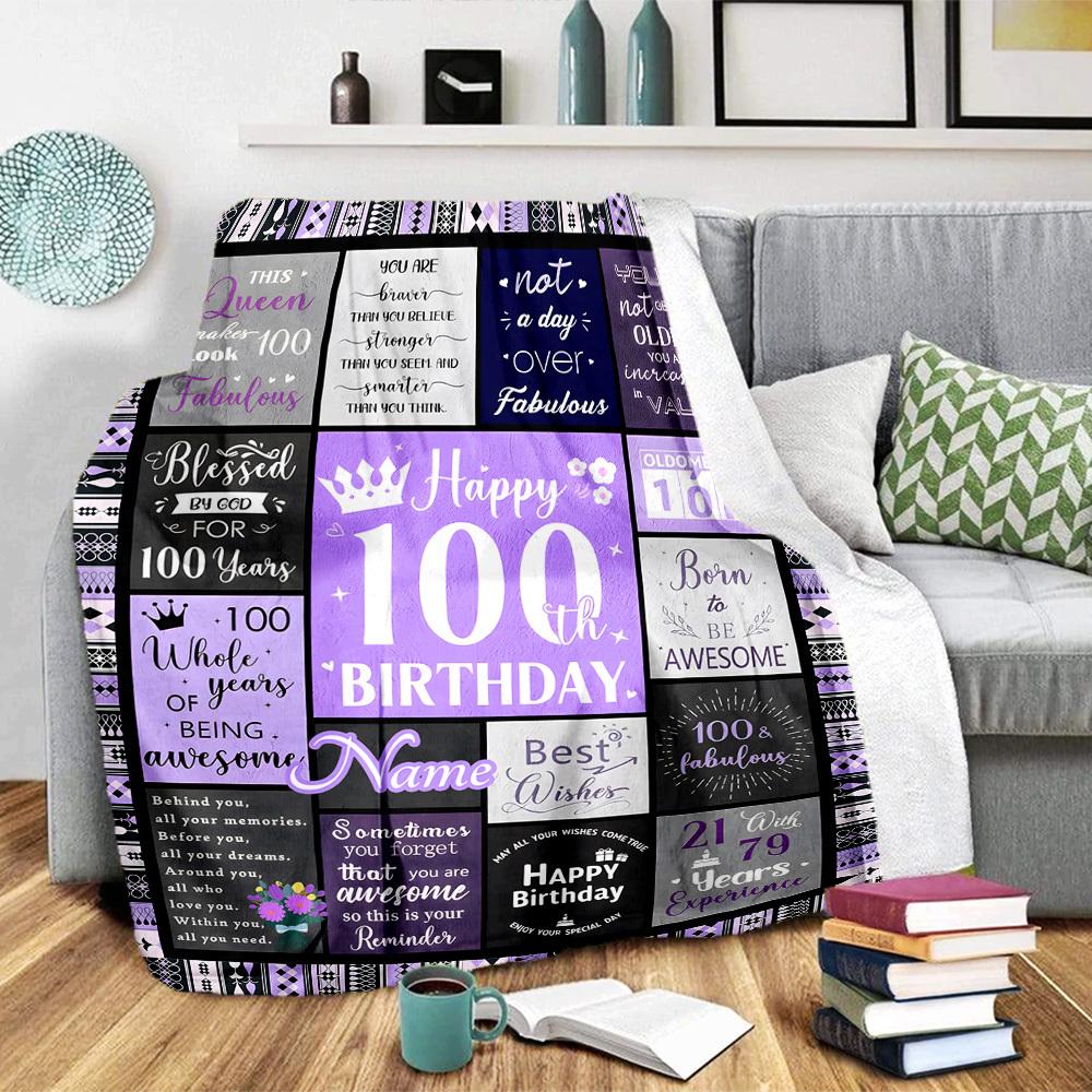 Happy 100Th Birthday Home Customize Your Name Blankets Comfortable Soft Lightweight Multipurpose Blanket For Picnic Sofa Office Bed Living Room