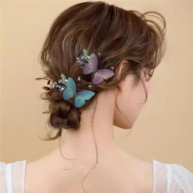 Purple Flower Hair Combs Chinese Hairpins Clips Tassel Pendant Jewelry Women Hanfu Dress Cosplay Pearl Butterfly Headpieces