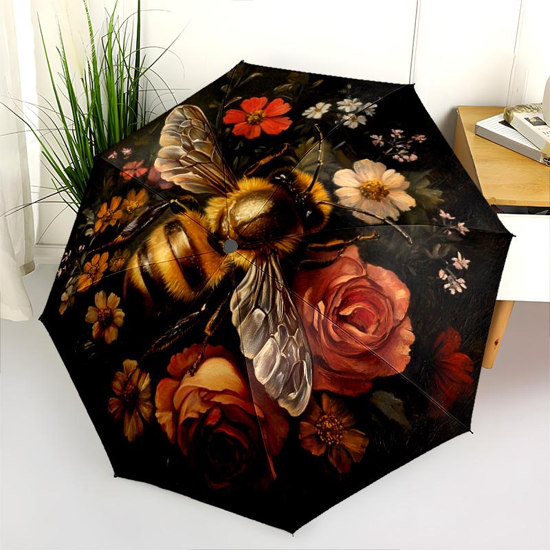 Bee Flower  Pattern, Automatic Folding Umbrella, Portable and Foldable Design, 8 Ribs, a Christmas or Birthday Gift.