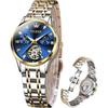 OLEVS Women's Automatic Mechanical Watch, Cute, Waterproof, Luminous, with Diamonds, Date Display, Blue, Gold & Blue, L6608