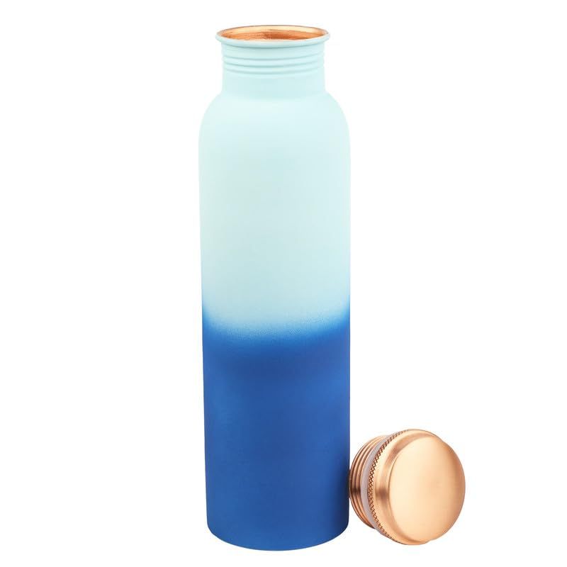 Pure Copper Water Bottle 950 ML - Jointless, Leakproof, Double Printed Design Best Gifts for Family and Friends| Light & Dark Blue - Set of 2