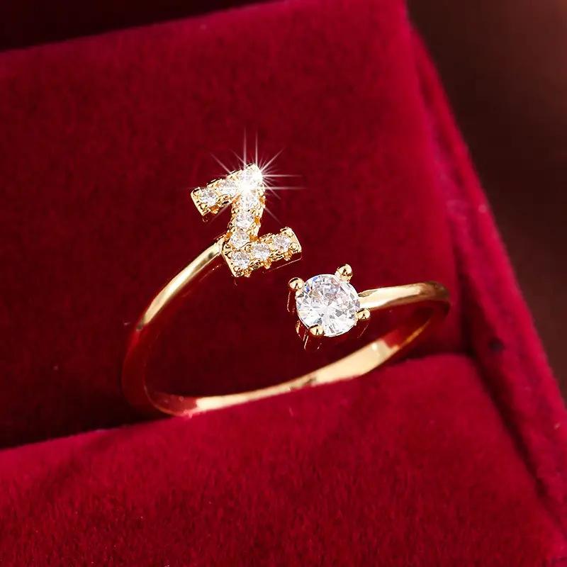 26 English Letter Micro-set Zircon Fashion Women's Ring, Copper-plated 14K Open Plain Ring
