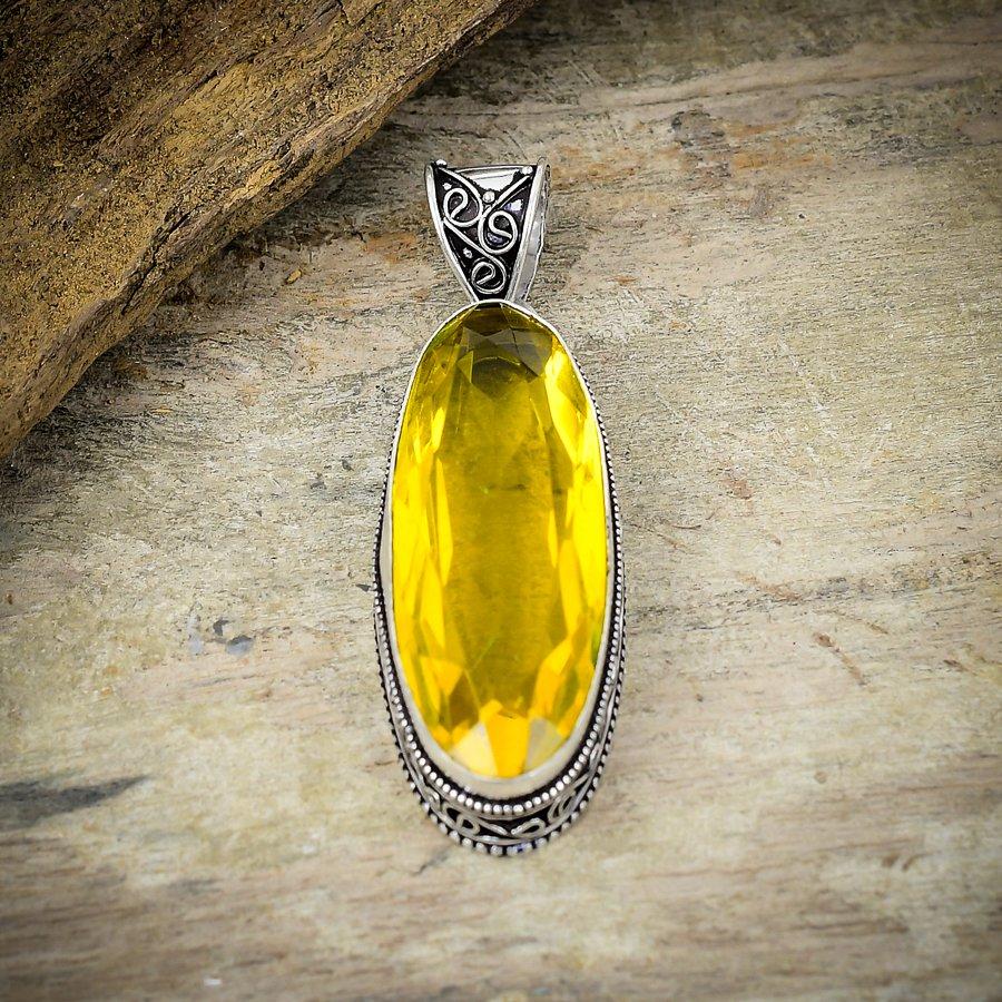 Lemon Topaz Gemstone Handmade 925 Sterling Silver Jewelry Pendant 2.56" M-169