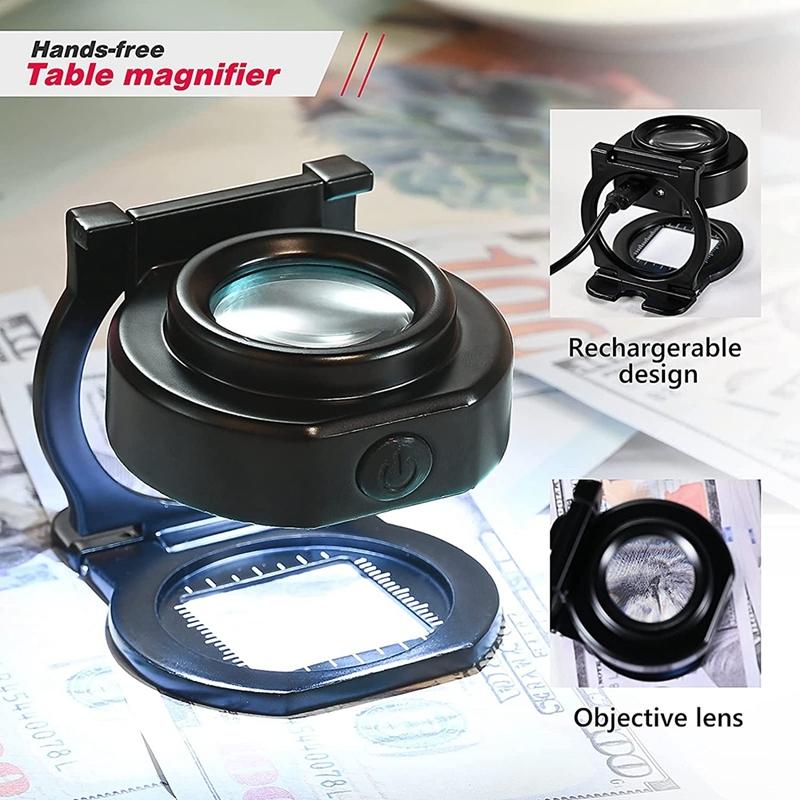 HOT SALE 25X Loupe Magnifier With 6 Light, USB Three-Folding Desktop Portable Metal Eye Loupe Scale Sewing Magnifing Glass