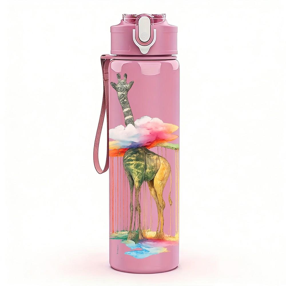 1PC Giraffe Watercolor Animal Print 750ml Color Plastic Sports Water Bottle Leakproof Flip Straw Lid Suitable for Sports Office Home Use