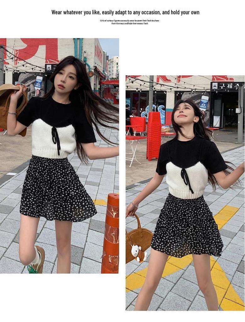 Women's French Floral A-line Cake Skirt - Summer Korean Style, High Waist, Slimming, Elastic Waist, Petite Half Skirt