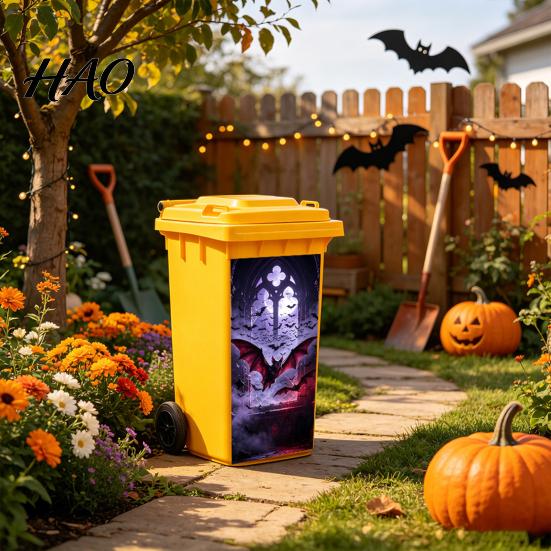 Decorative PVC Bin Wrap Halloween Trash Can Sticker, Spooky Bat Cat Pumpkin Ghost Wheelie Decal, Outdoor Decal Waterproof Garbage Sticker for