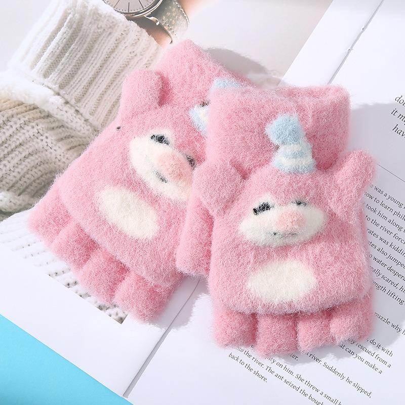 Nouveaux gants thermiques pour enfants raton laveur de dessin animé hiver protection contre le froid épaissis petite fille écriture demi-doigts rabattables cinq doigts