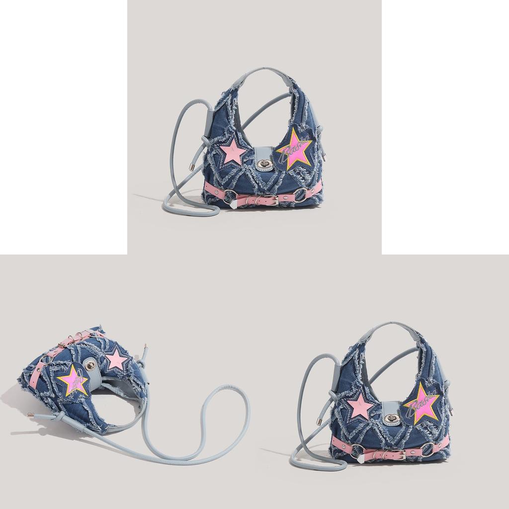 Denim Moon Bag For Women With Puncture Design And Star Punk Style For Daily Use