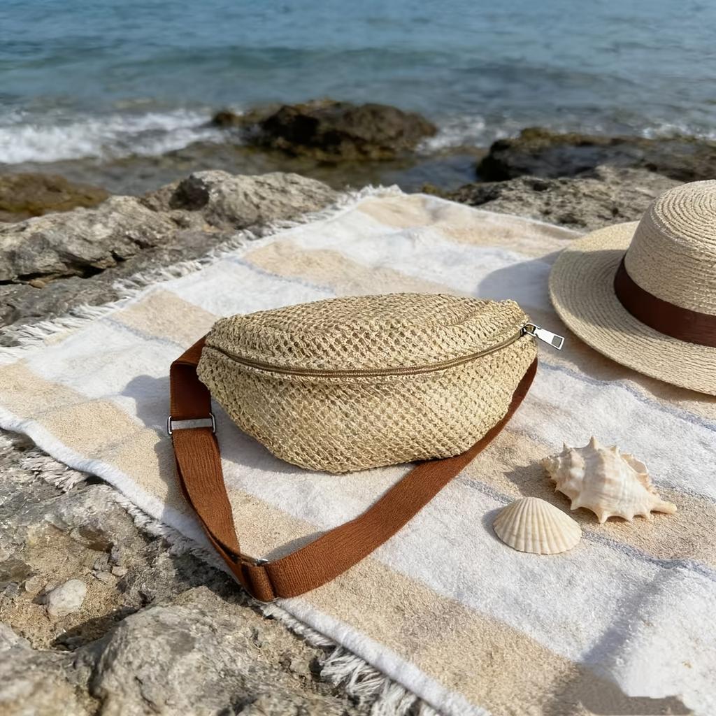 One ladies' straw waist bag with adjustable shoulder strap for crossbody wear, suitable for summer beach vacations and daily use
