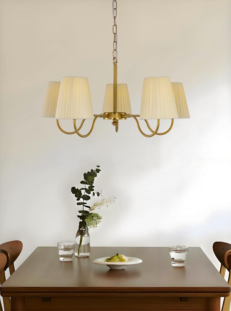 Chende Pendelleuchte, Nordischer Stoffschirm, Deckenleuchter, 5 Leuchten, LED-kompatibel, Messing, Stilvoll, Klassisch, Antik-Stil, für