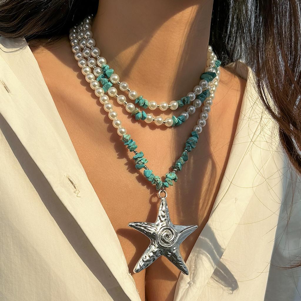 Exaggerated Gravel Starfish Multi-layer Necklace Female, Personalized Beach Vacation Lava Star Item
