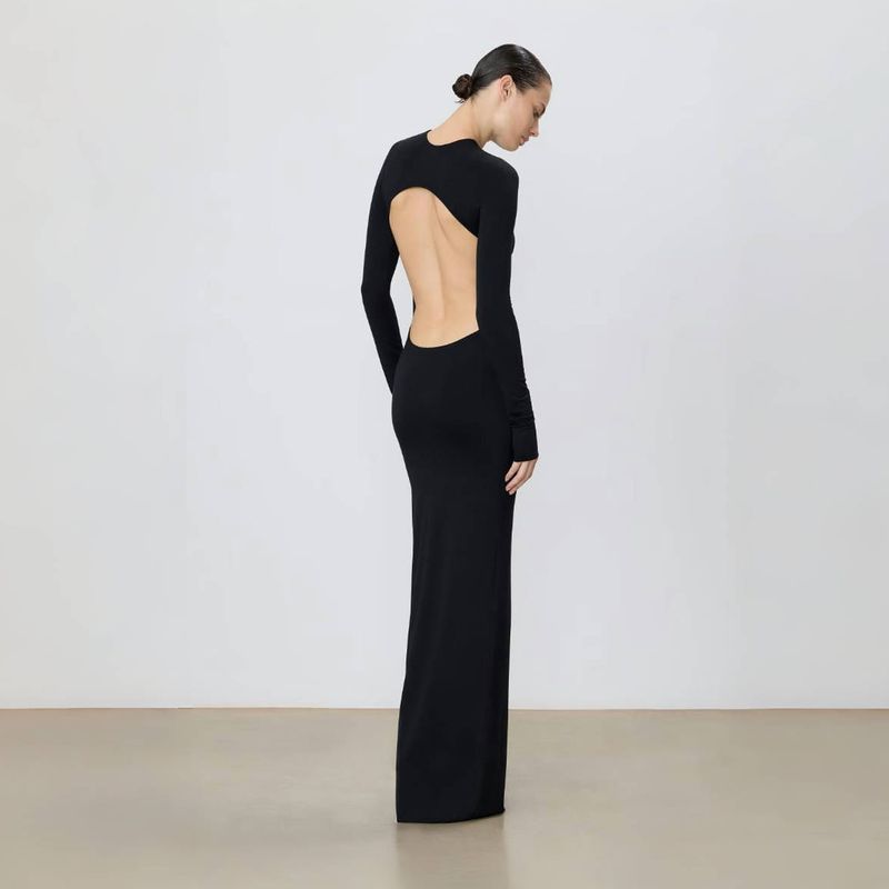 

2025 Retro Elegant Long Dinner Dress with Chest Pad Bare Back Tall Hip Bag Long Sleeves Black Dress Black M