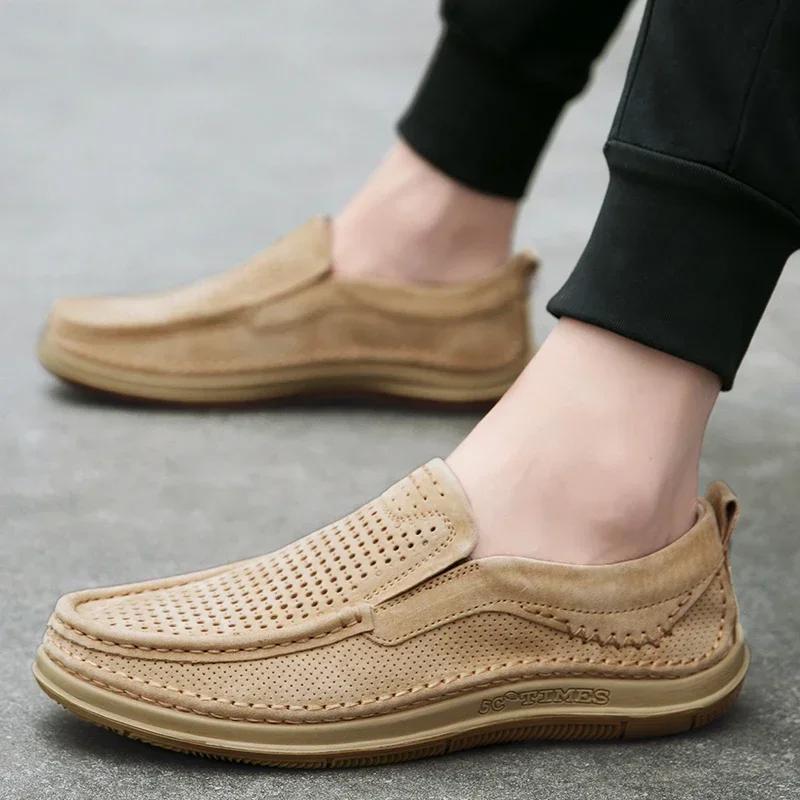 Fashion Luxury Genuine Leather Hollow Out Summer Loafers Mens Suede Casual Shoes Breathable Soft Driving Shoes Walking Shoes